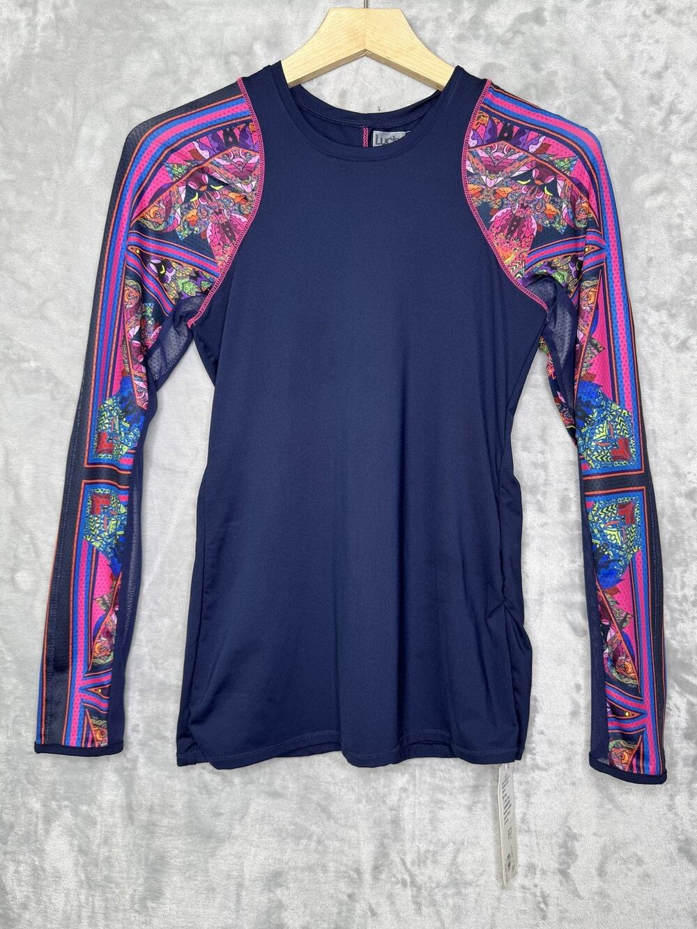 Lucky In Love Shirt Womens Small Blue Floral Raglan Long Sleeve Vaportex Tennis